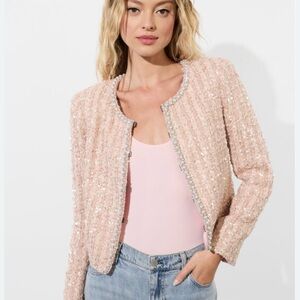 New Alice + Olivia Sequin Tweed Jacket in Blush Pink